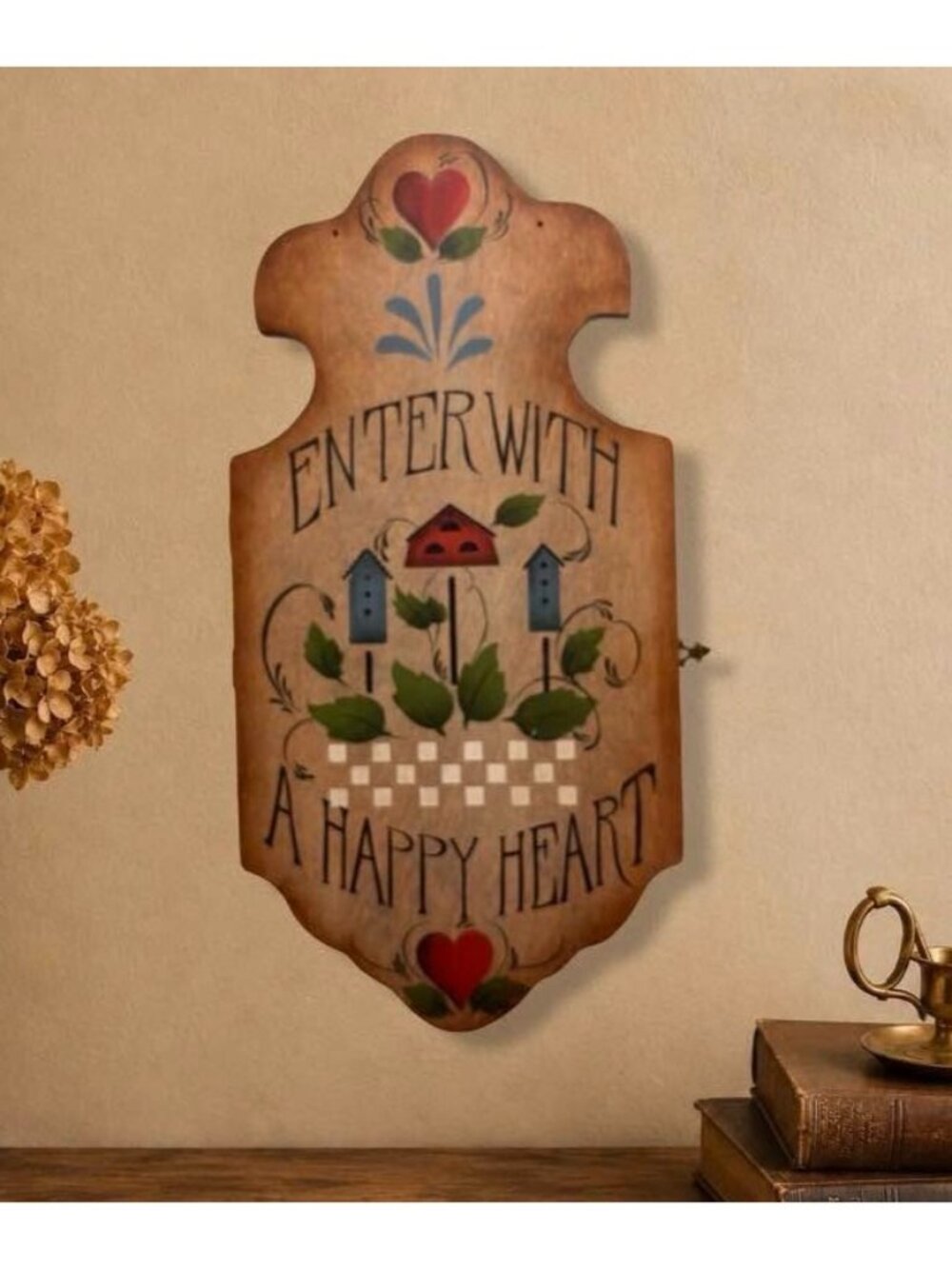 Primitive Decorated Key Holder Box Enter With A Happy Heart Wooden Wall With Hoo